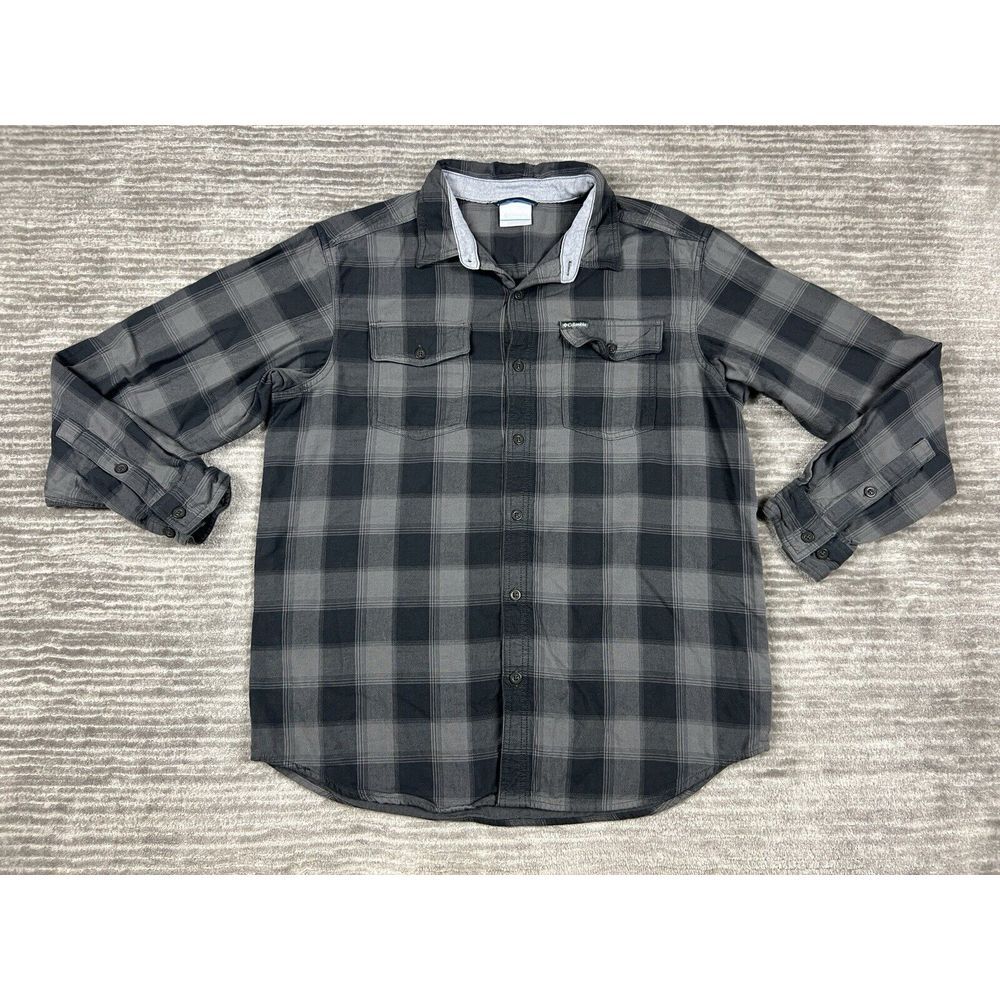 Columbia Shirt Mens Large Gray Plaid Long Sleeve Button Up‎ Pockets Thick